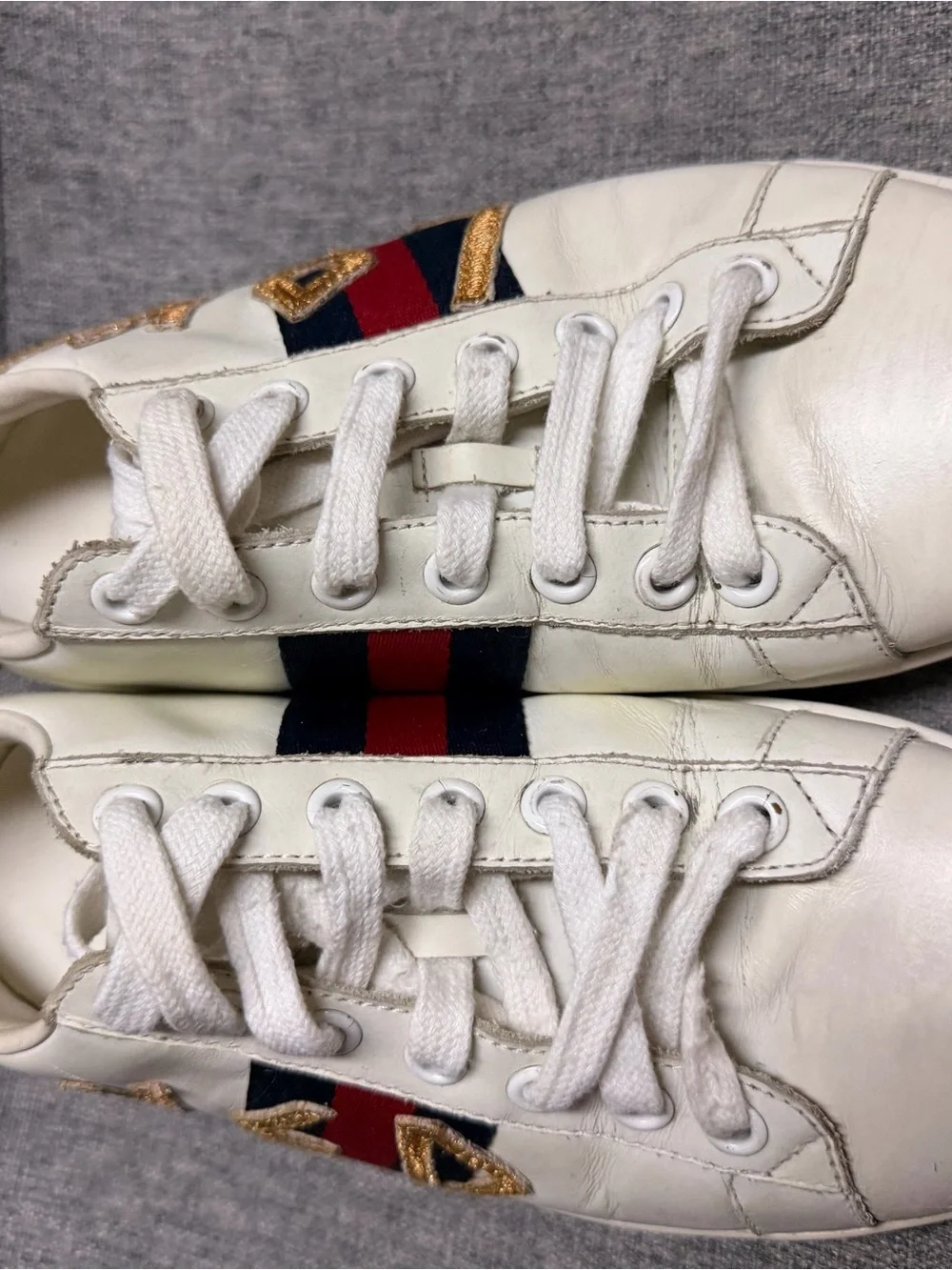 White Leather 'Loved' Low-Top Sneakers with Red & Blue Stripe